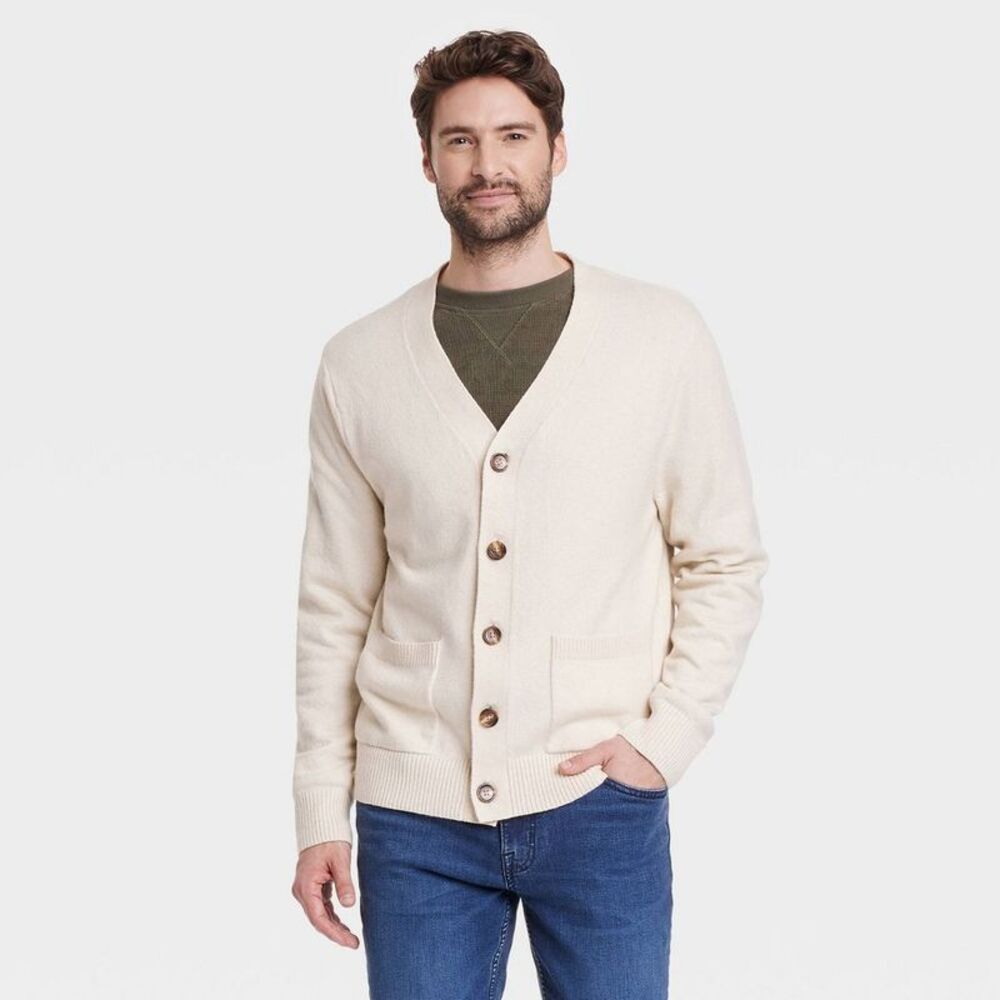 Men's V-Neck Cardigan Sweater - Goodfellow & Co Cream M